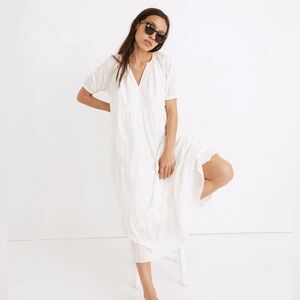 Madewell Summer Cotton Beach Bubble-Sleeve Tiered Midi Dress in Textural Stripe